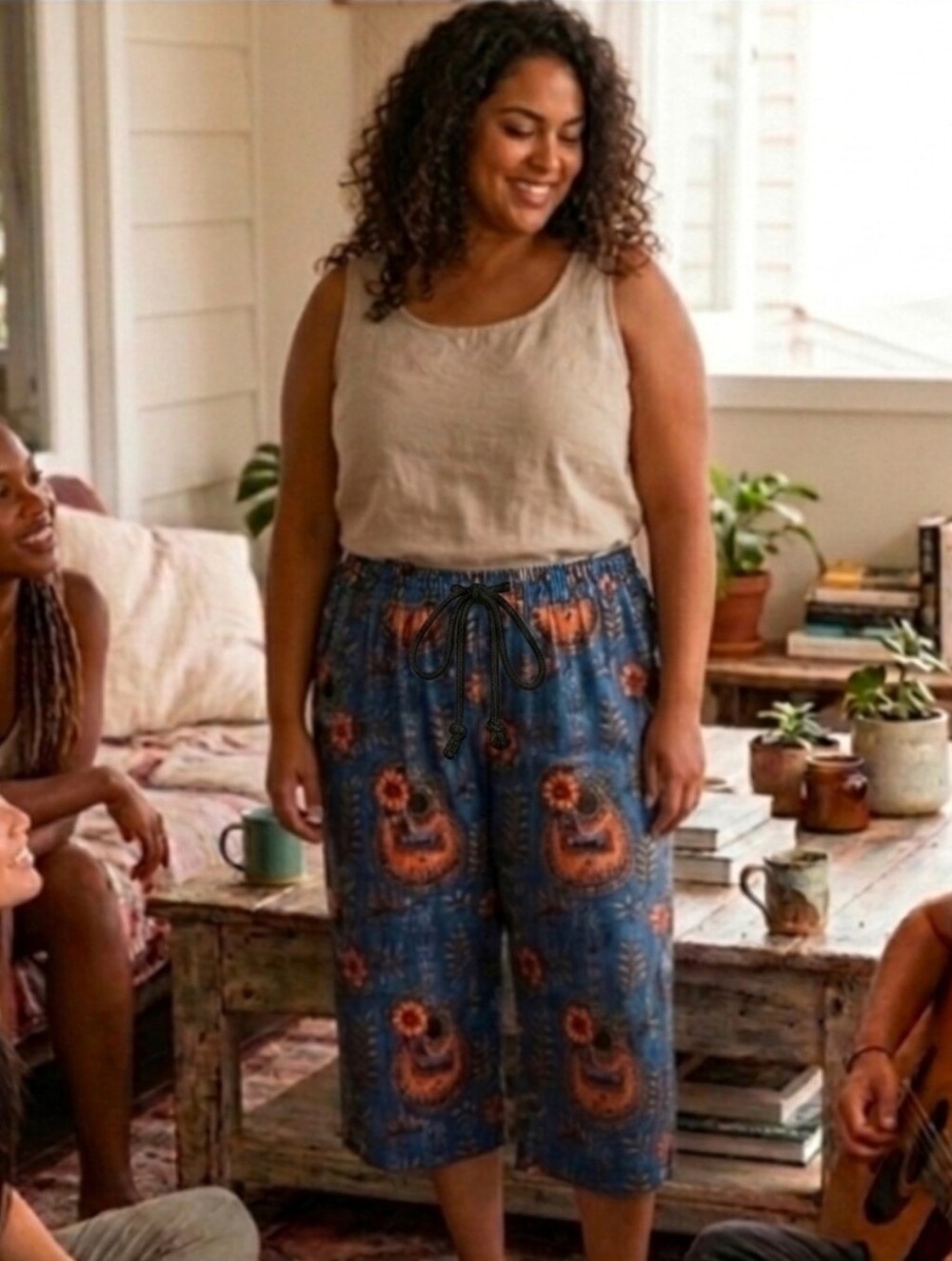 TC2 Gauchos Capris Guitars NIB Faux Denim Floral Jeans Szs 24-28 Pretty Gift!